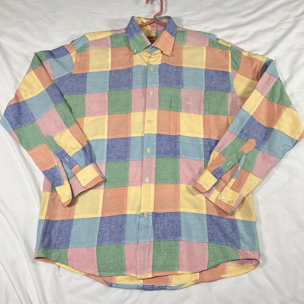 King Ranch Shirt Mens Size L Pastel Patchwork Plaid Button Up Long Sleeve Cotton